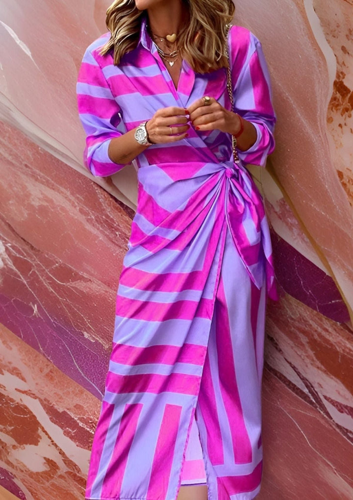 Wickelkleid Langarm Tailliert Geometrisches Muster Midi - Purple