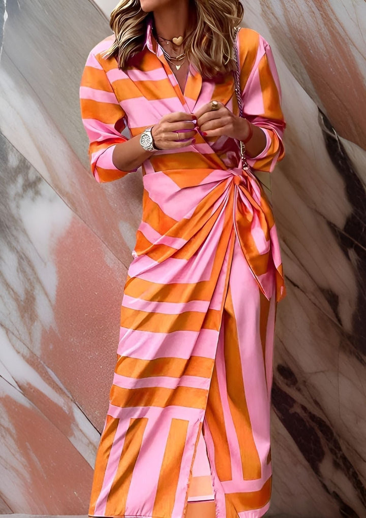 Wickelkleid Langarm Tailliert Geometrisches Muster Midi - Orange