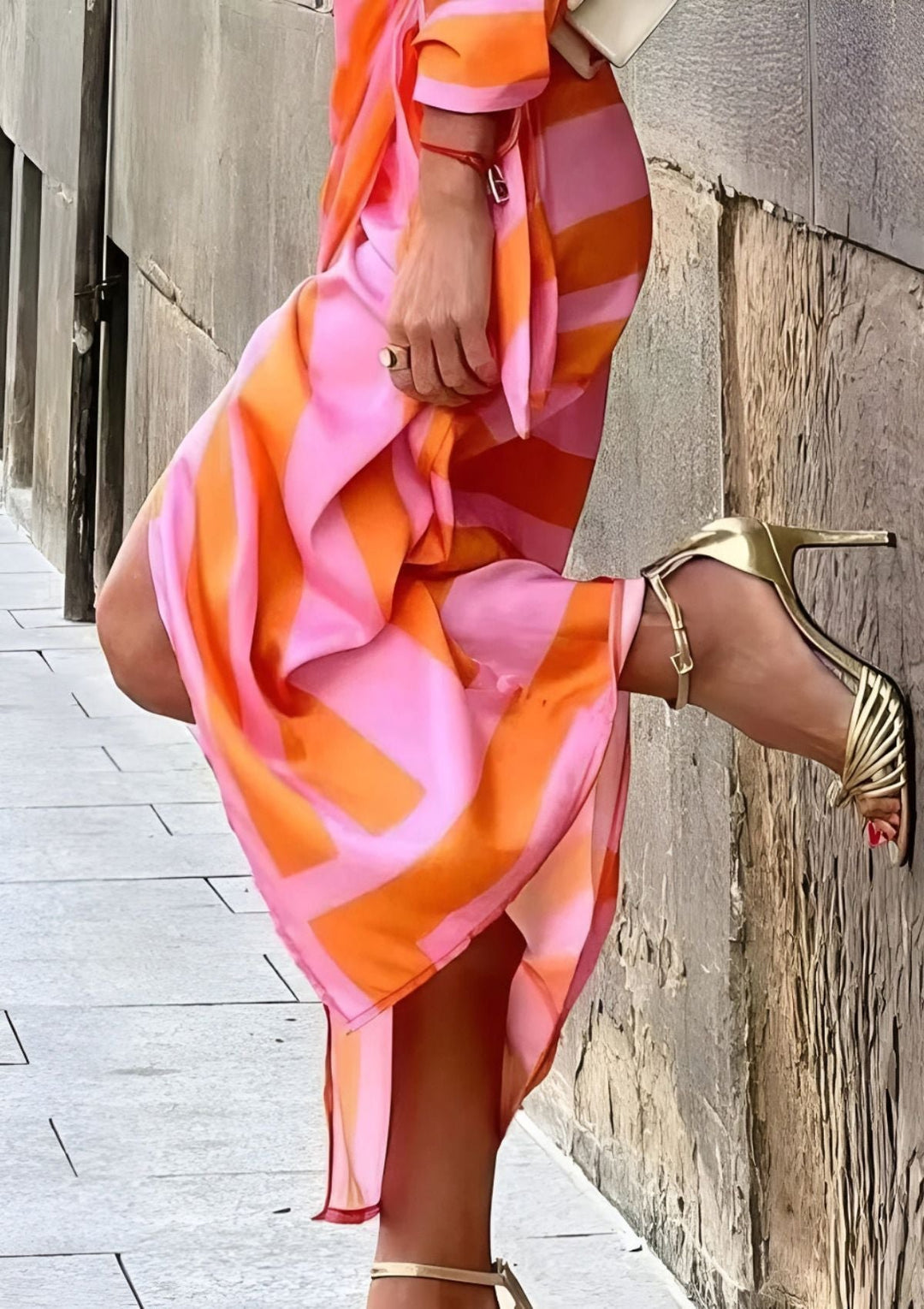 Wickelkleid Langarm Tailliert Geometrisches Muster Midi