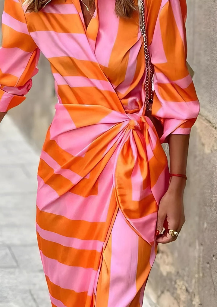 Wickelkleid Langarm Tailliert Geometrisches Muster Midi