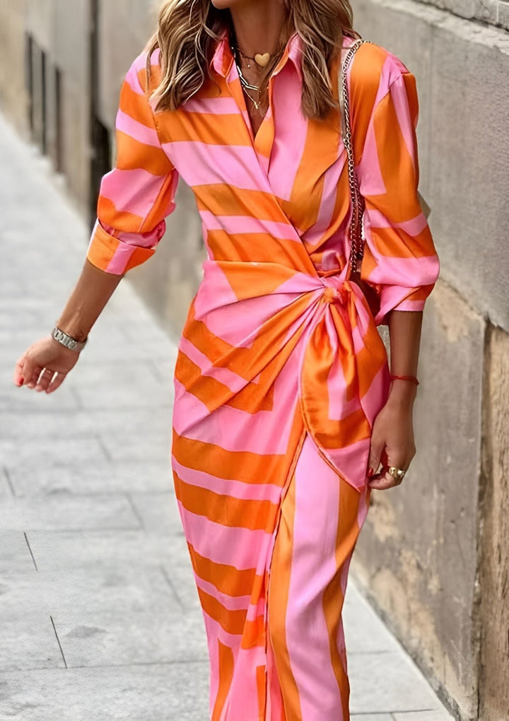 Wickelkleid Langarm Tailliert Geometrisches Muster Midi