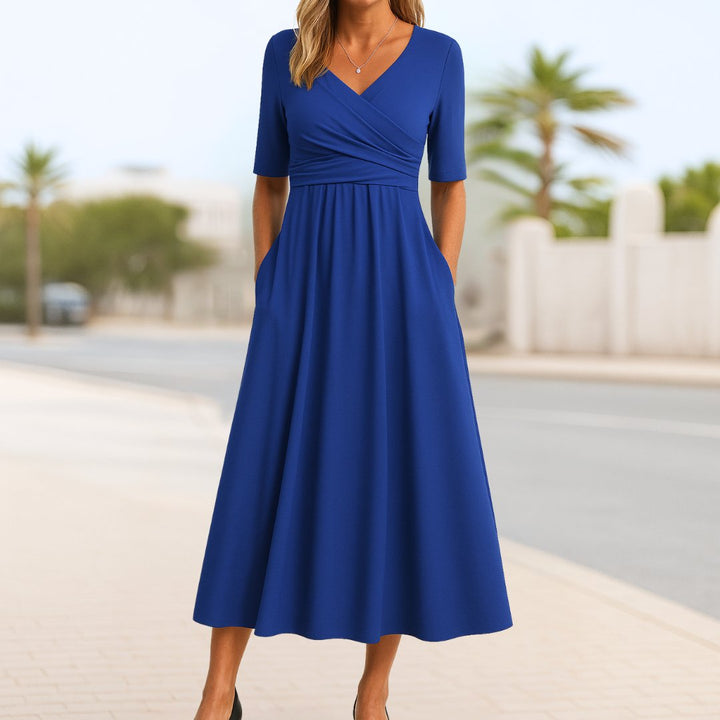 Wickelkleid Midi V-Ausschnitt A-Linie Taschen - Navy Blue