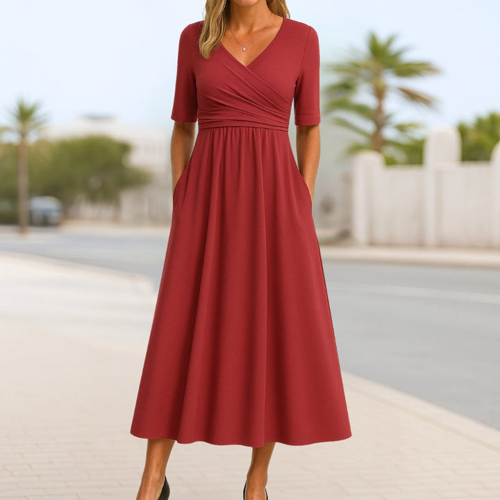 Wickelkleid Midi V-Ausschnitt A-Linie Taschen - Red