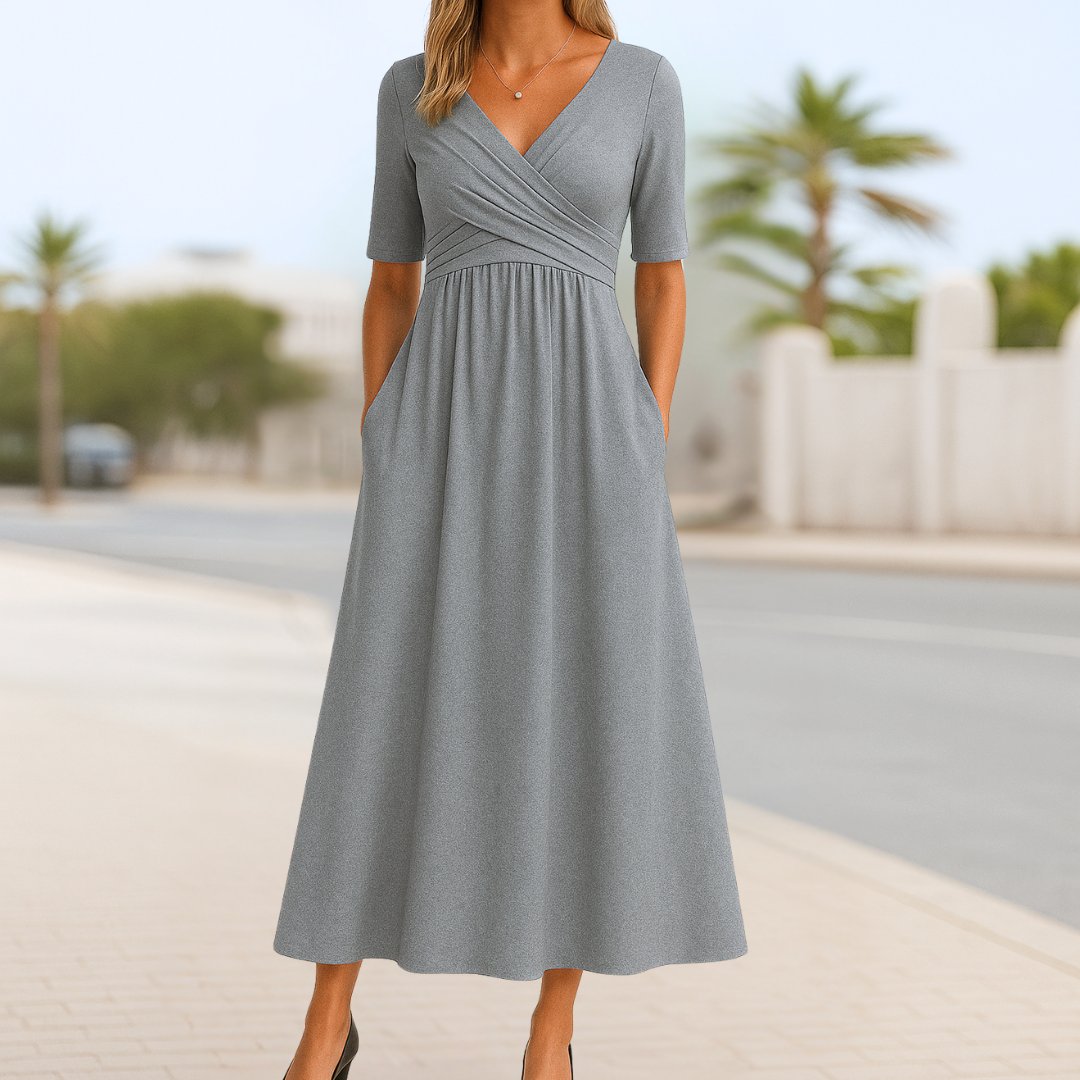 Wickelkleid Midi V-Ausschnitt A-Linie Taschen - Gray