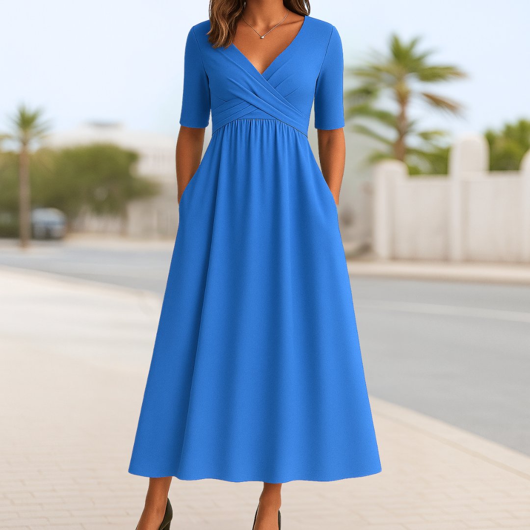 Wickelkleid Midi V-Ausschnitt A-Linie Taschen - Light Blue