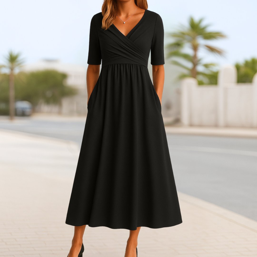 Wickelkleid Midi V-Ausschnitt A-Linie Taschen - Black