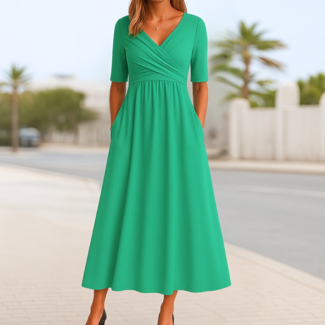 Wickelkleid Midi V-Ausschnitt A-Linie Taschen - Green