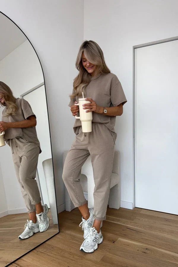 Zweiteiliges Set Baumwolle Locker Geschnitten Komfort - Beige