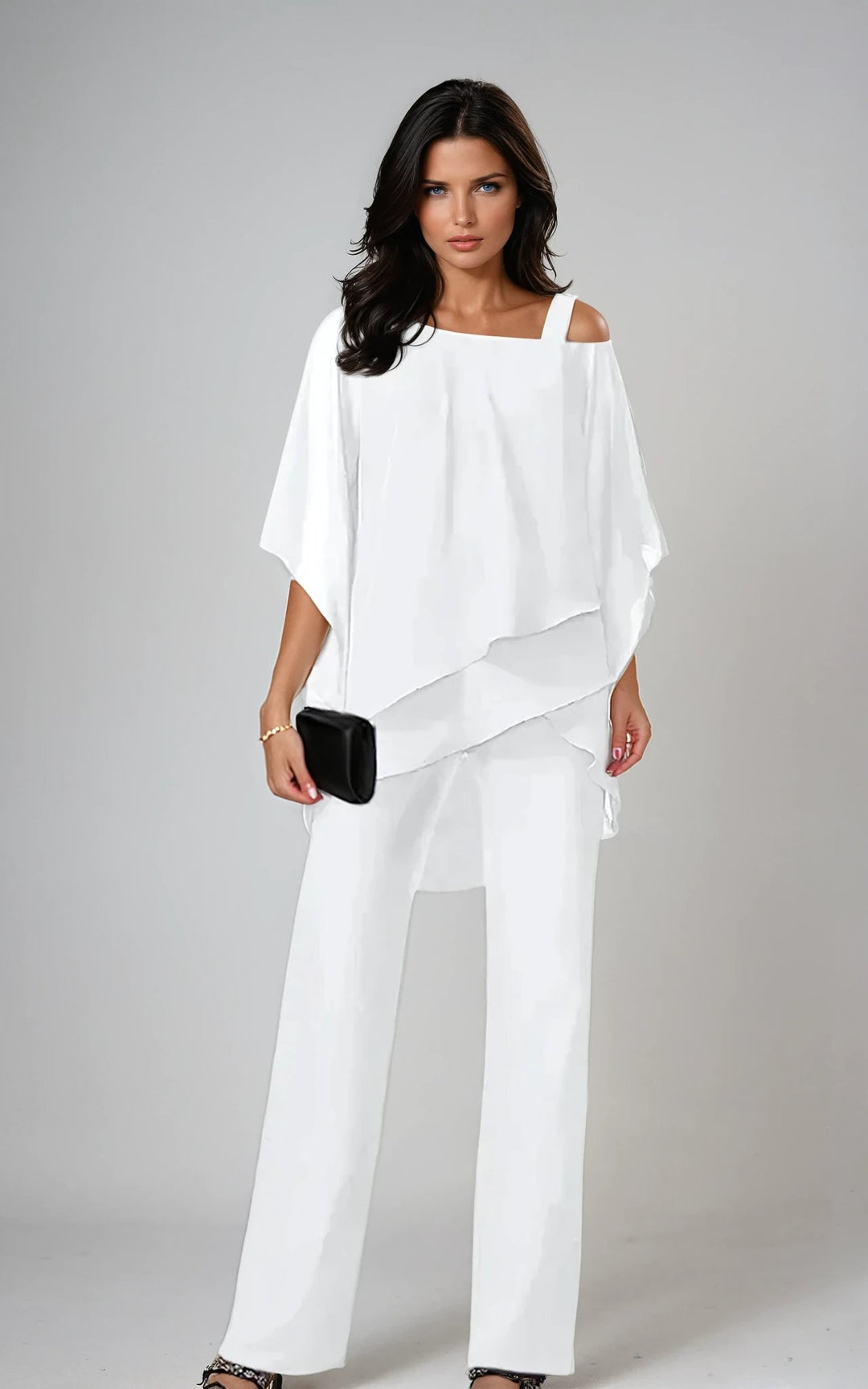 Zweiteiliges Set mit asymmetrischem Oberteil und weiter Hose - White