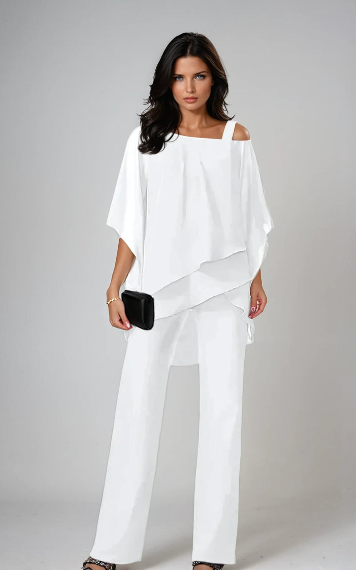Zweiteiliges Set mit asymmetrischem Oberteil und weiter Hose - White