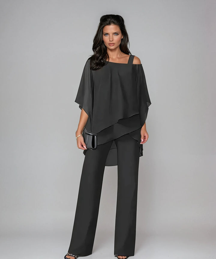 Zweiteiliges Set mit asymmetrischem Oberteil und weiter Hose - Black
