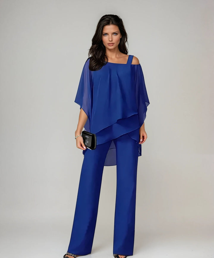 Zweiteiliges Set mit asymmetrischem Oberteil und weiter Hose - Blue