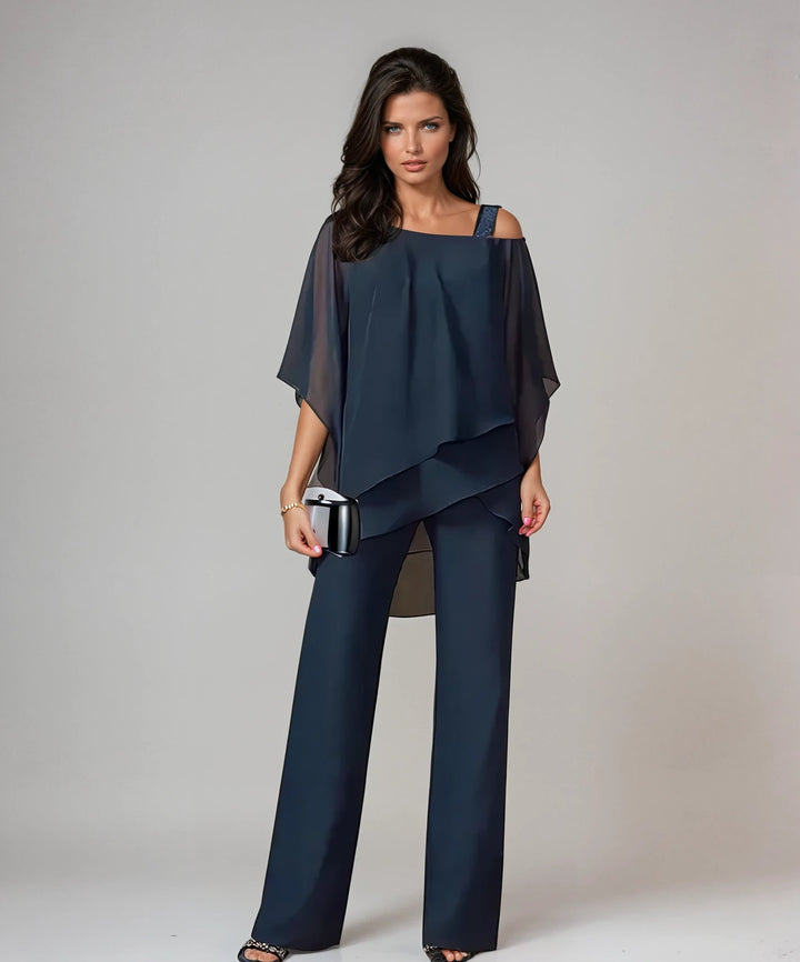Zweiteiliges Set mit asymmetrischem Oberteil und weiter Hose - Navy Blue